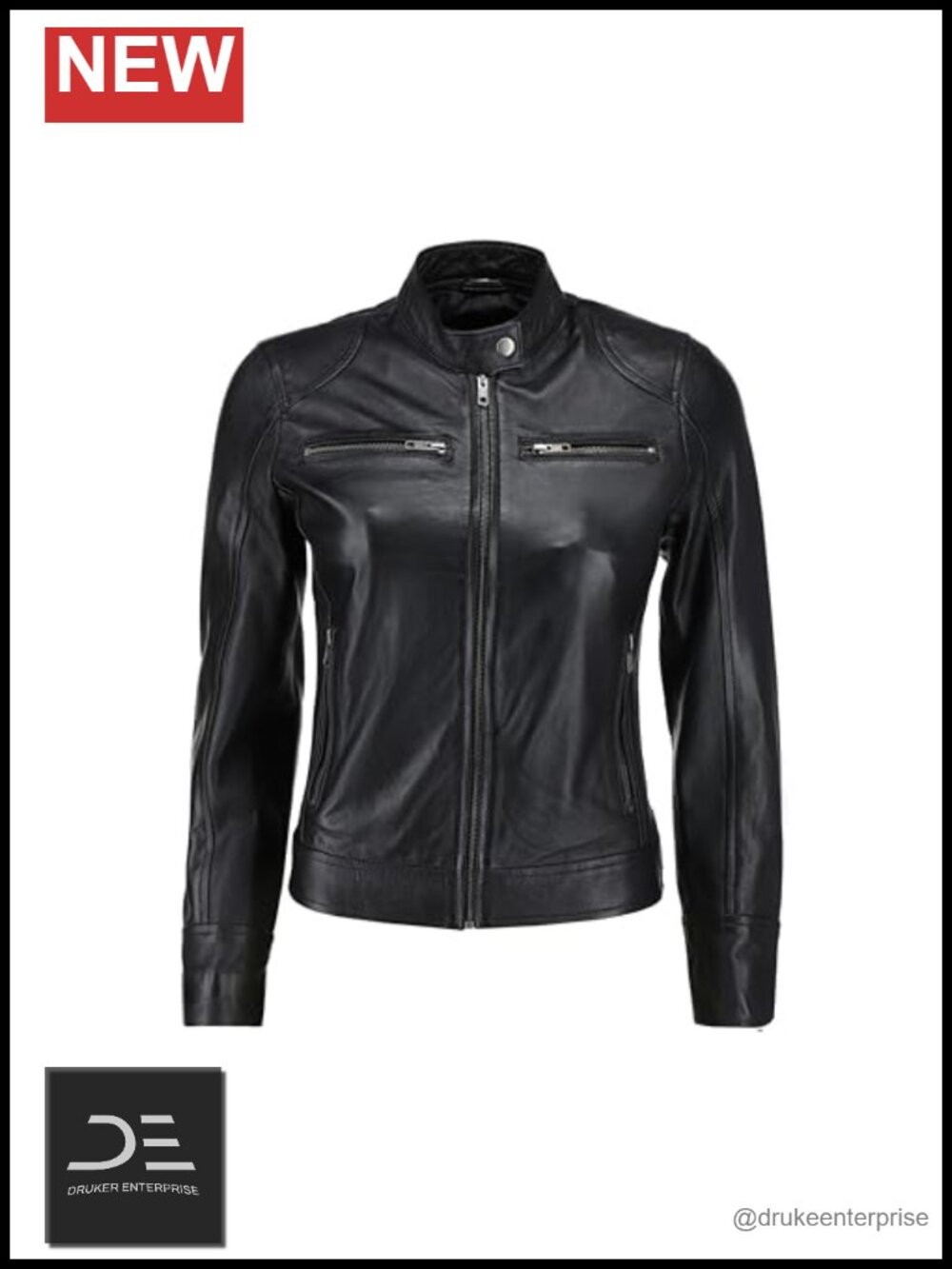Real Lambskin Leather Jacket Women Cafe Racer Quilted Shoulder Moto Zip
